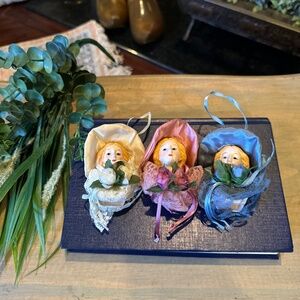3 Tender Heart Treasures Lady in hat Bisque Head Antique Christmas Ornaments